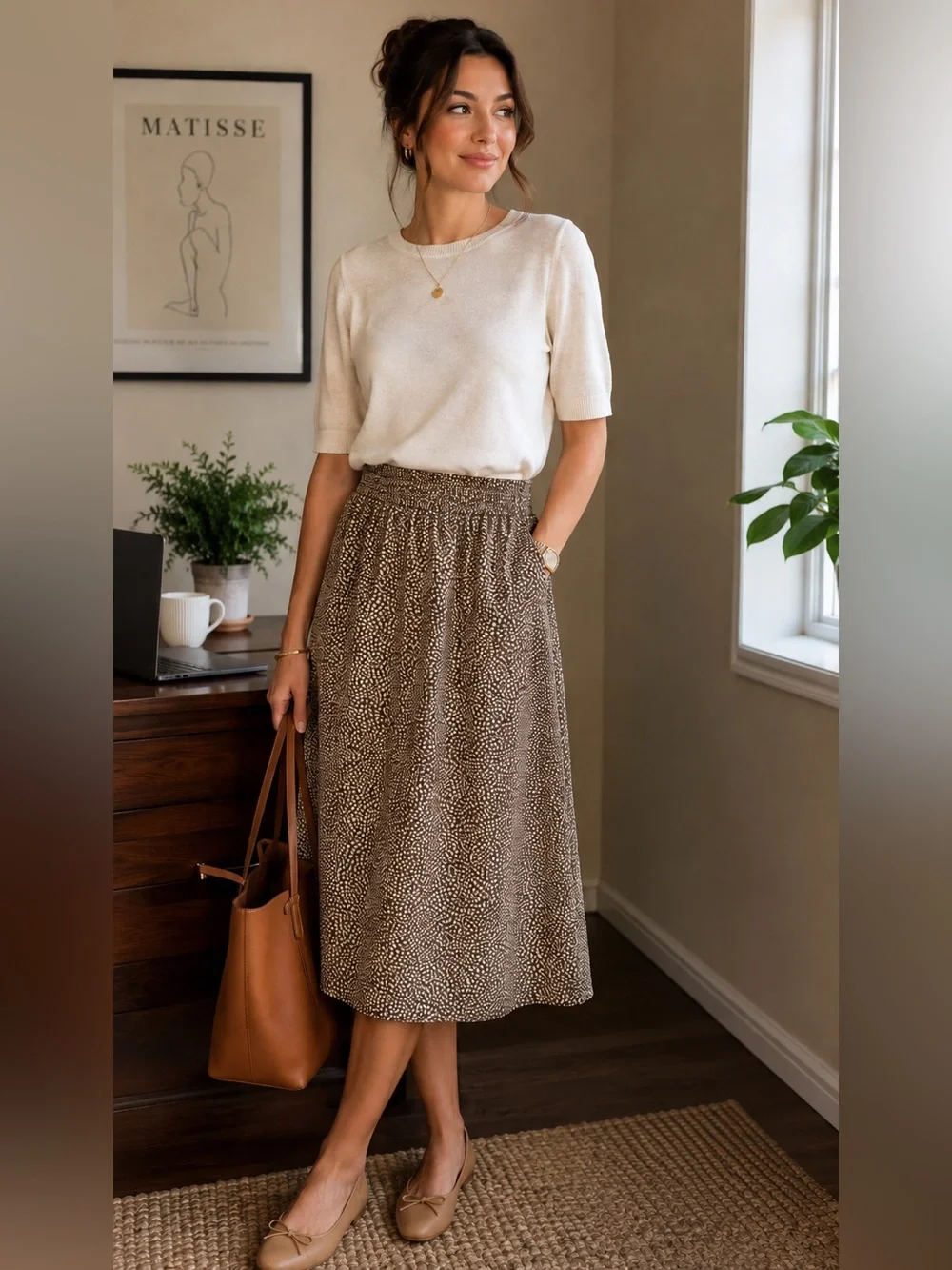 J. Crew Brown and Cream Printed Midi Skirt